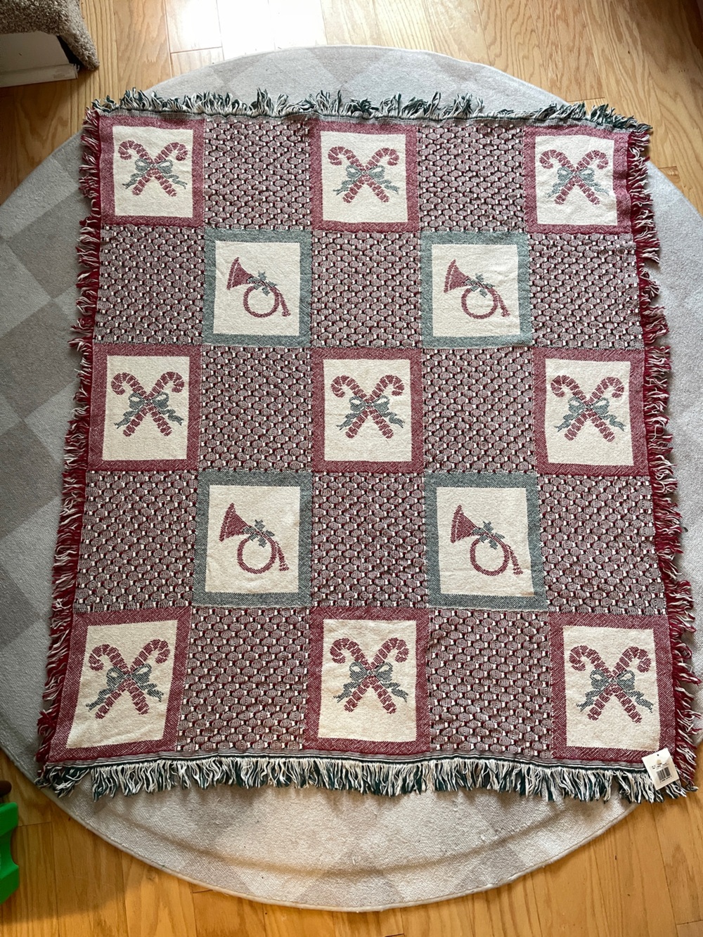 Vintage Woven Holiday Throw Blanket with Horn & Candy Cane Design